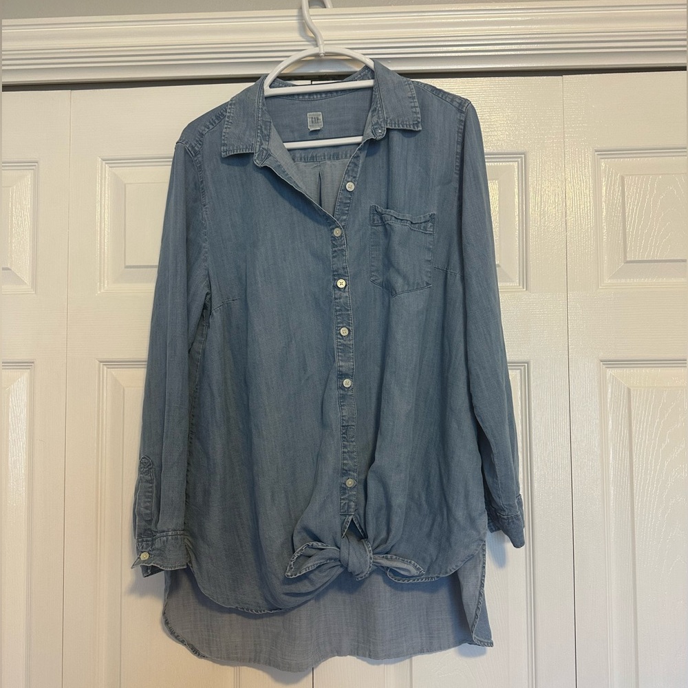 Gap Denim Chambray Top Oversized Tie Front Button Down Maternity Womens XL Tunic